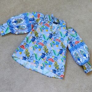 EUC Emily Lovelock periwinkle puffed sleeve potted plant print cotton blouse